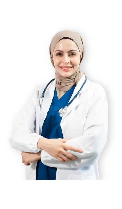 Medical and dental marketing in UAE: Clinician in a headscarf, white coat and stethoscope for the clinic growth overview, supporting specialty-led healthcare marketing