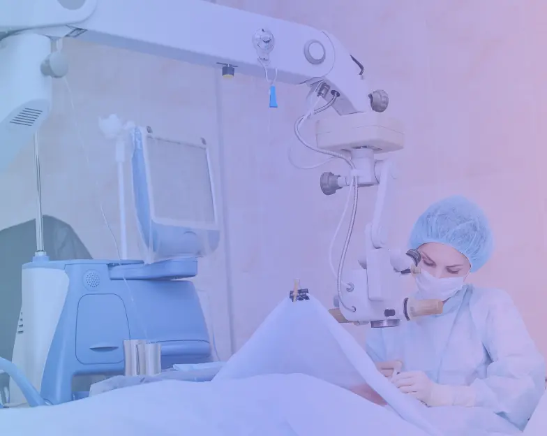 Medical and dental marketing in UAE: Clinician working with an ophthalmic microscope beside a reclining person for Ophthalmology, ENT and Sensory Care, supporting specialty-led healthcare marketing