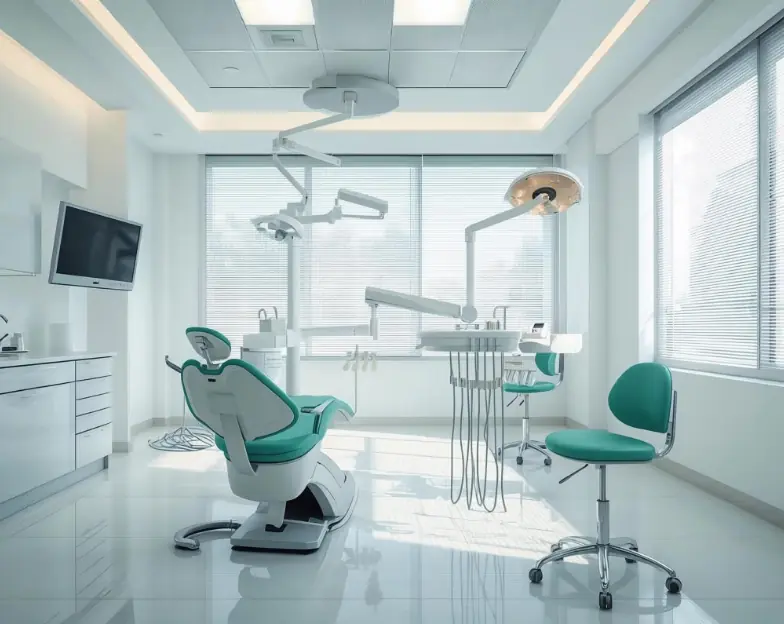 Medical and dental marketing in UAE: Bright dental treatment room with a green chair and overhead examination light for General and Multispecialty Dental Clinics