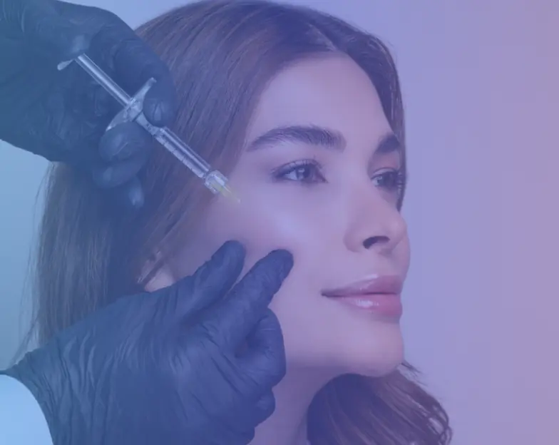 Medical and dental marketing in UAE: Syringe held near a woman's cheek in an aesthetic consultation scene for Injectables and Facial Aesthetics