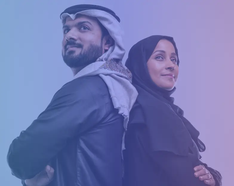 Medical and dental marketing in UAE: Couple standing back to back in traditional Gulf clothing for IVF and Assisted Reproduction Pathways, supporting fertility clinic marketing UAE