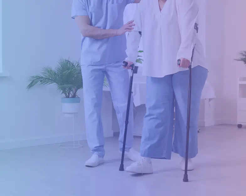 Medical and dental marketing in UAE: Person using crutches beside a healthcare professional for Physiotherapy and Rehabilitation, supporting specialty-led healthcare marketing