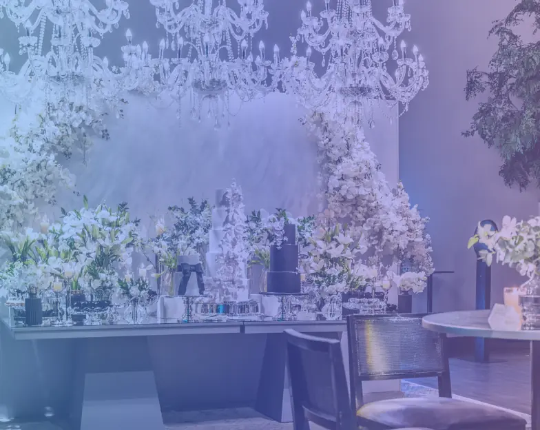 Medical and dental marketing in UAE: Decorated venue interior with flowers and chandeliers for Bridal and Event Beauty Services
