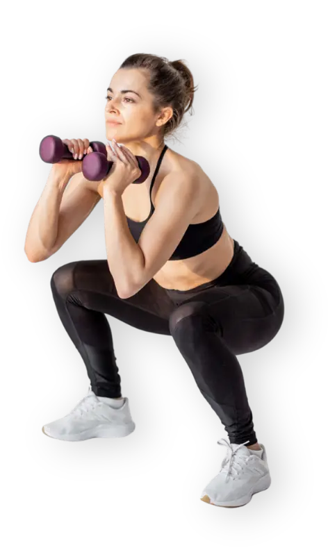 Medical and dental marketing in UAE: Woman performing a squat while holding dumbbells for Fitness, Wellness and Longevity Marketing in the UAE