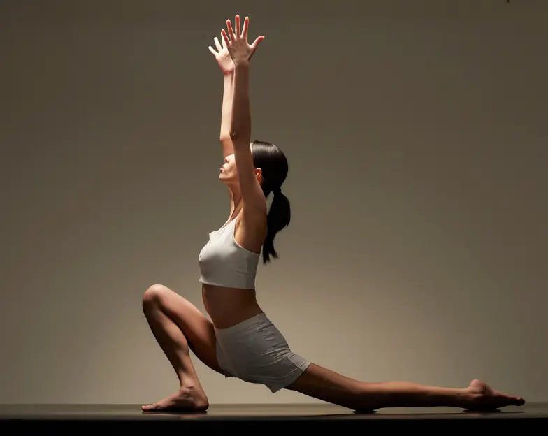 Medical and dental marketing in UAE: Woman stretching in a low lunge with one arm raised for Gyms and Fitness Studios, supporting fitness and wellness marketing UAE