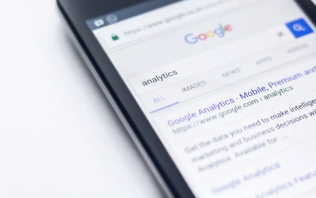 Healthcare SEO insights UAE: Google search results for analytics displayed on a smartphone for Latest healthcare SEO, local search and Google Maps articles