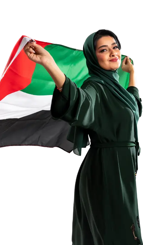 Clinic marketing audit for UAE: Woman in a green outfit and headscarf holding a UAE flag for Built for UAE specialties, languages and local competition, supporting UAE clinic marketing